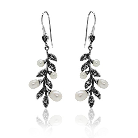 Long Vintage Freshwater Pearl and Marcasite Leaf Dangle Earrings - Click Image to Close